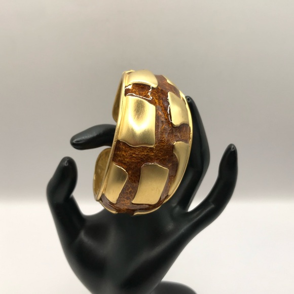Gold-Tone and Brown Enamel Patterned Cuff Bracelet - Picture 2 of 9